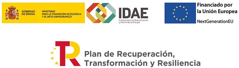 Logotipos oficiales del Gobierno de España (Ministerio para la Transición Ecológica y el Reto Demográfico), IDAE, Unión Europea (NextGenerationEU) y el Plan de Recuperación, Transformación y Resiliencia.
