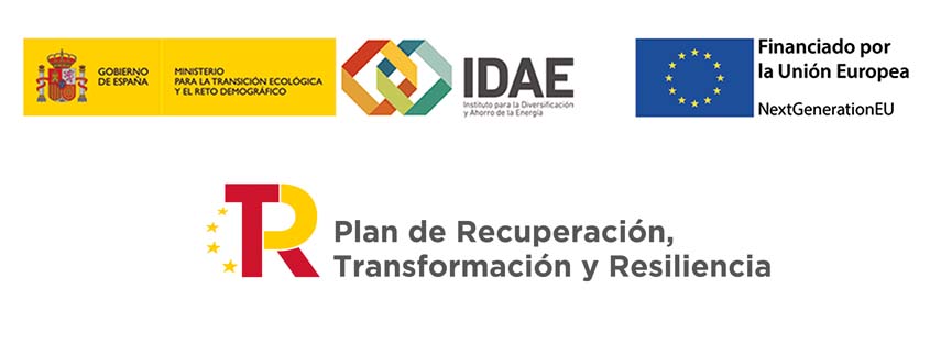 Logotipos oficiales del Gobierno de España (Ministerio para la Transición Ecológica y el Reto Demográfico), IDAE, Unión Europea (NextGenerationEU) y el Plan de Recuperación, Transformación y Resiliencia.