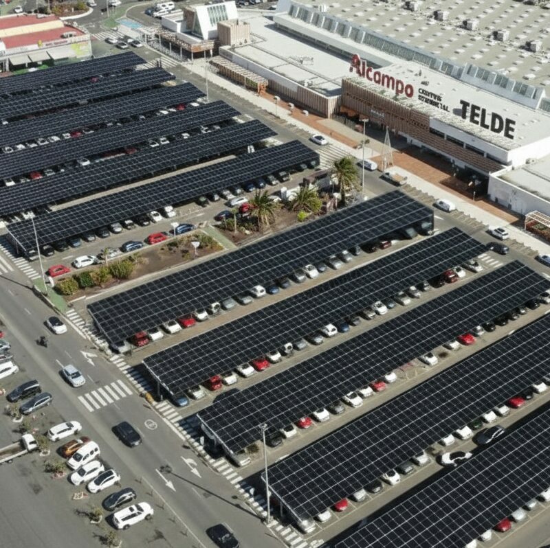 Vista aérea de las marquesinas fotovoltaicas de Helexia en el aparcamiento de Alcampo Telde, Gran Canaria.