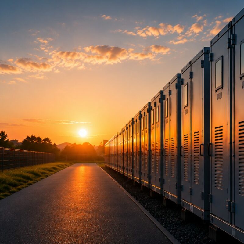 Instalación de almacenamiento de energía industrial con módulos de baterías BESS junto a paneles solares fotovoltaicos.