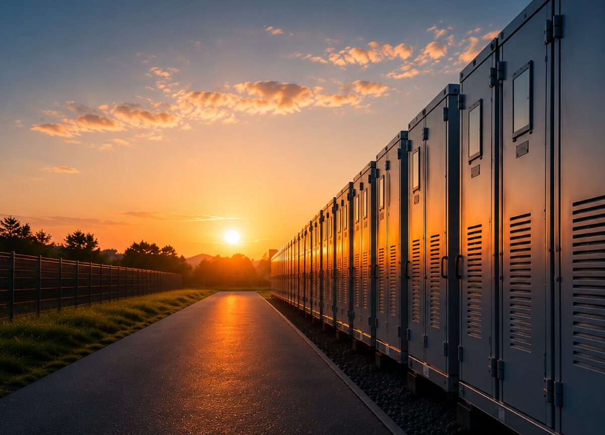 Instalación de almacenamiento de energía industrial con módulos de baterías BESS junto a paneles solares fotovoltaicos.