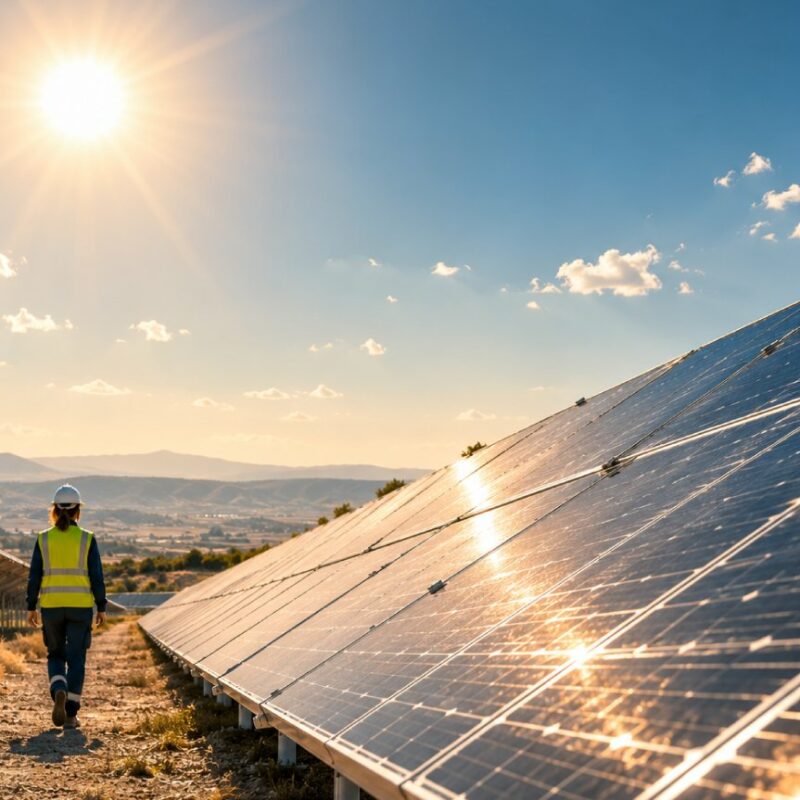 Técnico de Helexia inspeccionando una instalación fotovoltaica durante una jornada de trabajo al aire libre.