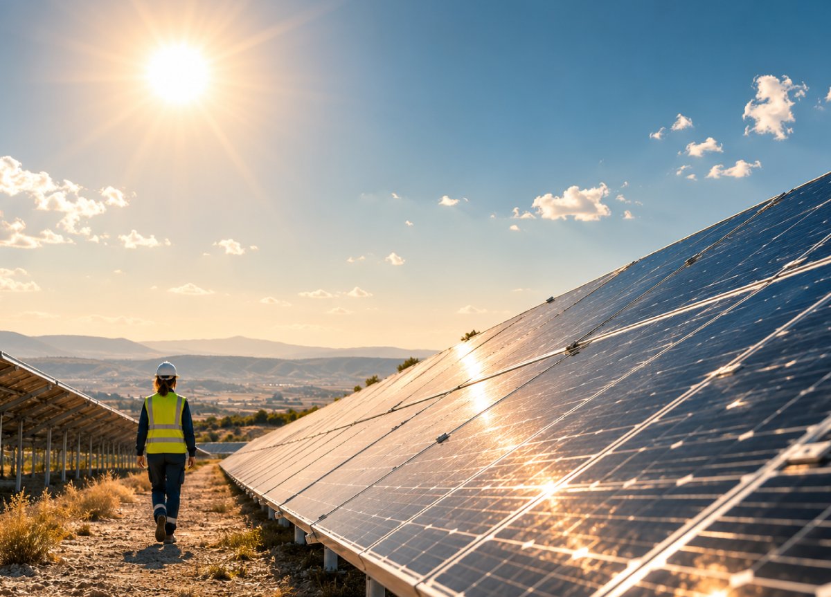 Técnico de Helexia inspeccionando una instalación fotovoltaica durante una jornada de trabajo al aire libre.