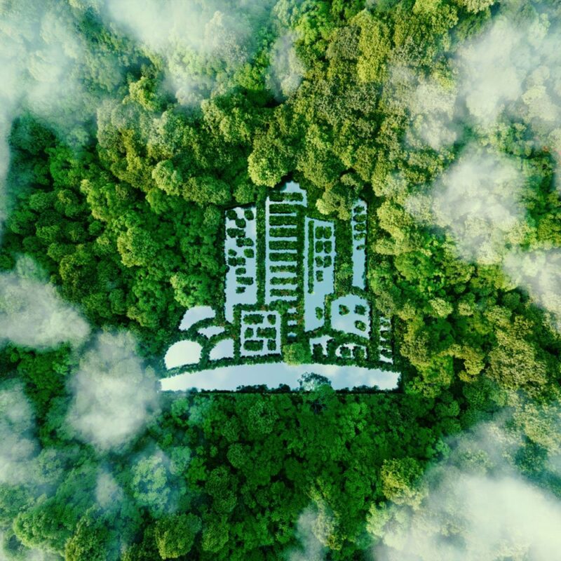 Vista aérea conceptual de un complejo hotelero sostenible integrado en la naturaleza dentro de un frondoso bosque verde.