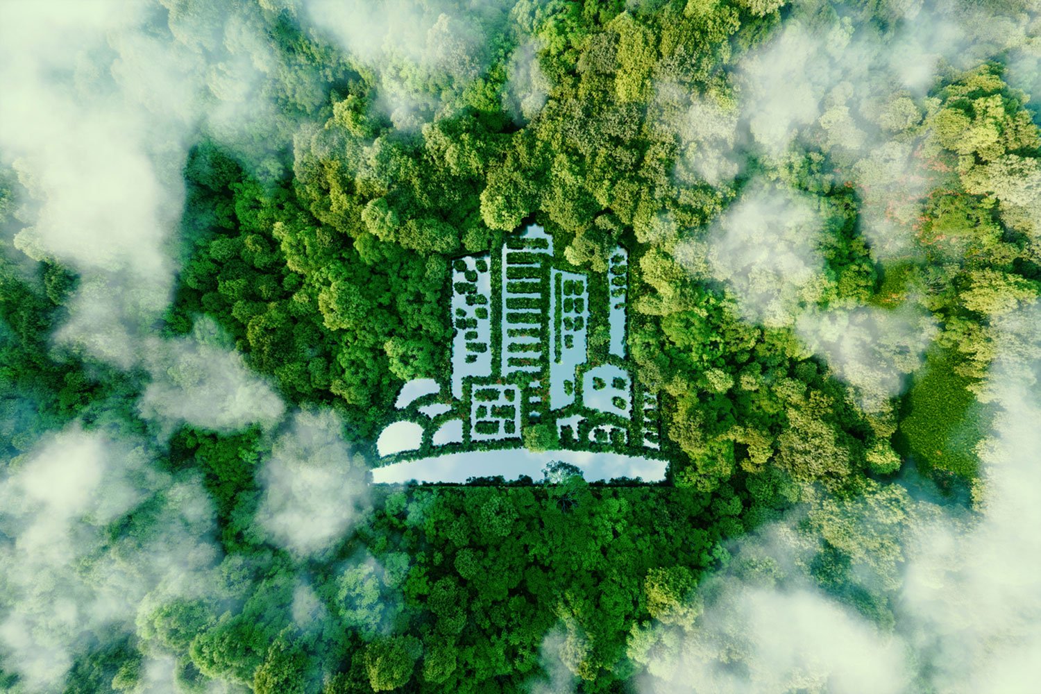 Vista aérea conceptual de un complejo hotelero sostenible integrado en la naturaleza dentro de un frondoso bosque verde.