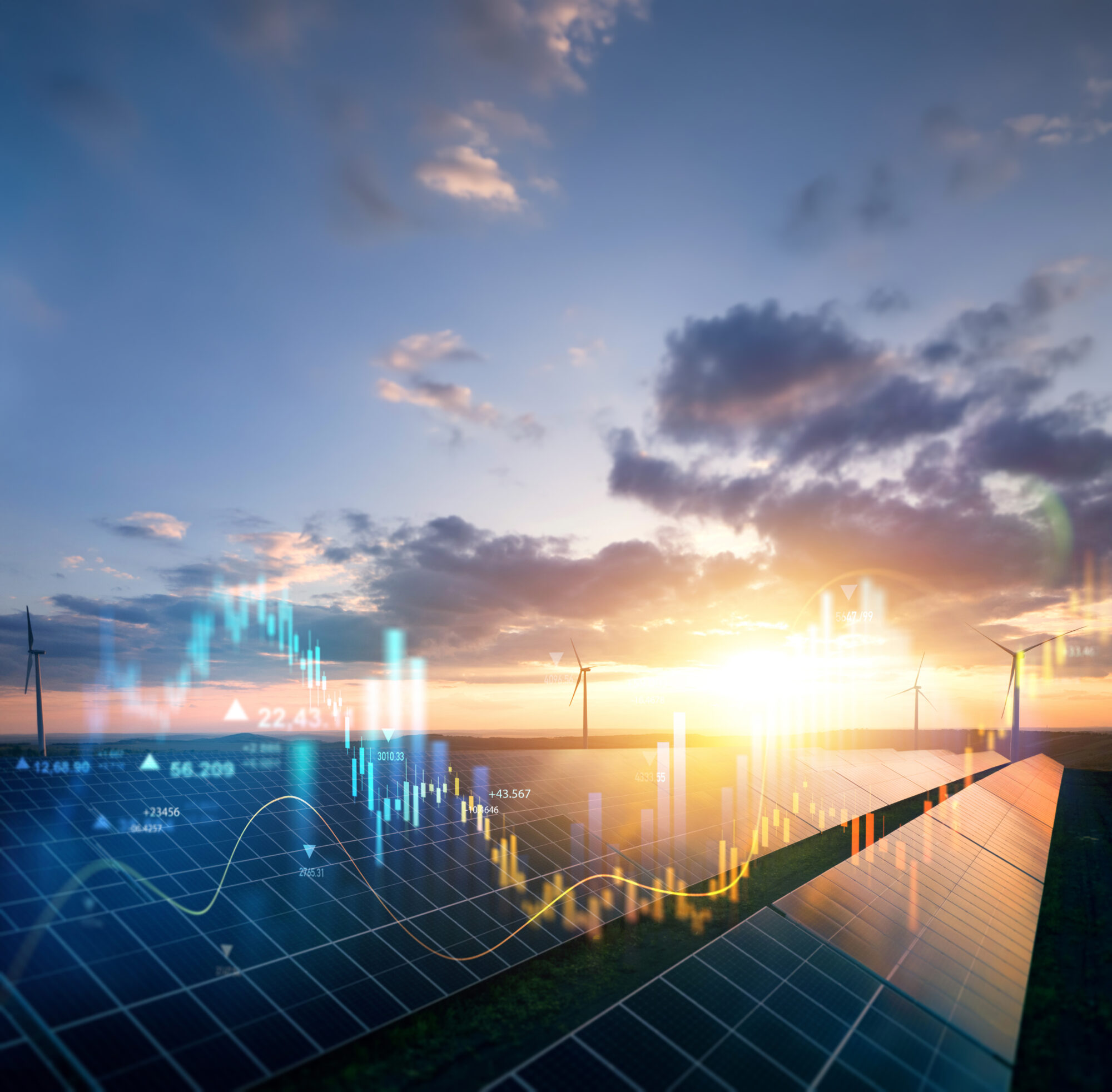 Planta solar fotovoltaica con aerogeneradores al atardecer y gráficos digitales superpuestos que representan la gestión inteligente, el almacenamiento y la flexibilidad energética.